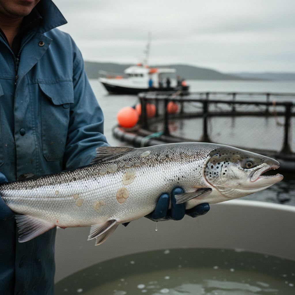 sea lice on a farmed salmon