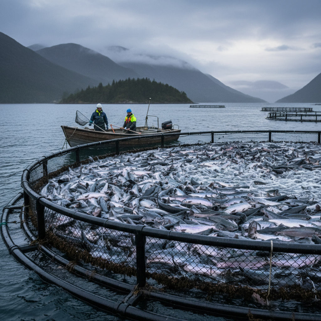 crowded salmon farming sea cage