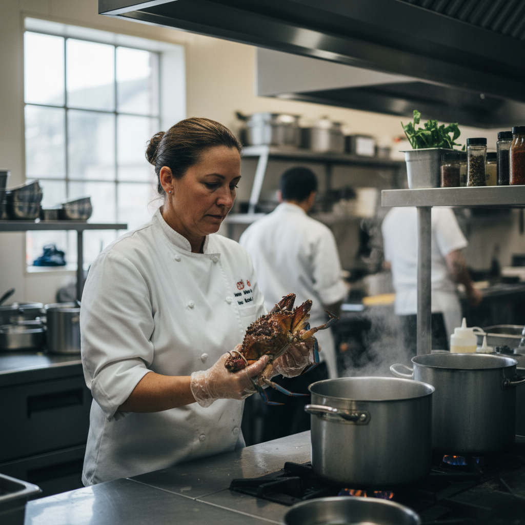 Chef preparing a live crab in a kitchen