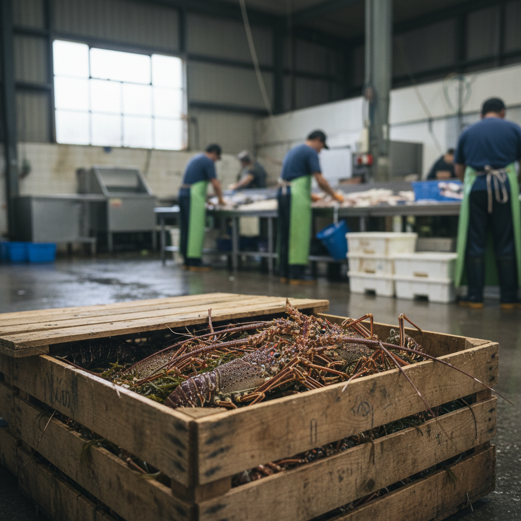 Spiny lobsters packed in a shipping crate