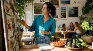 Woman planning plant-based meals at kitchen table