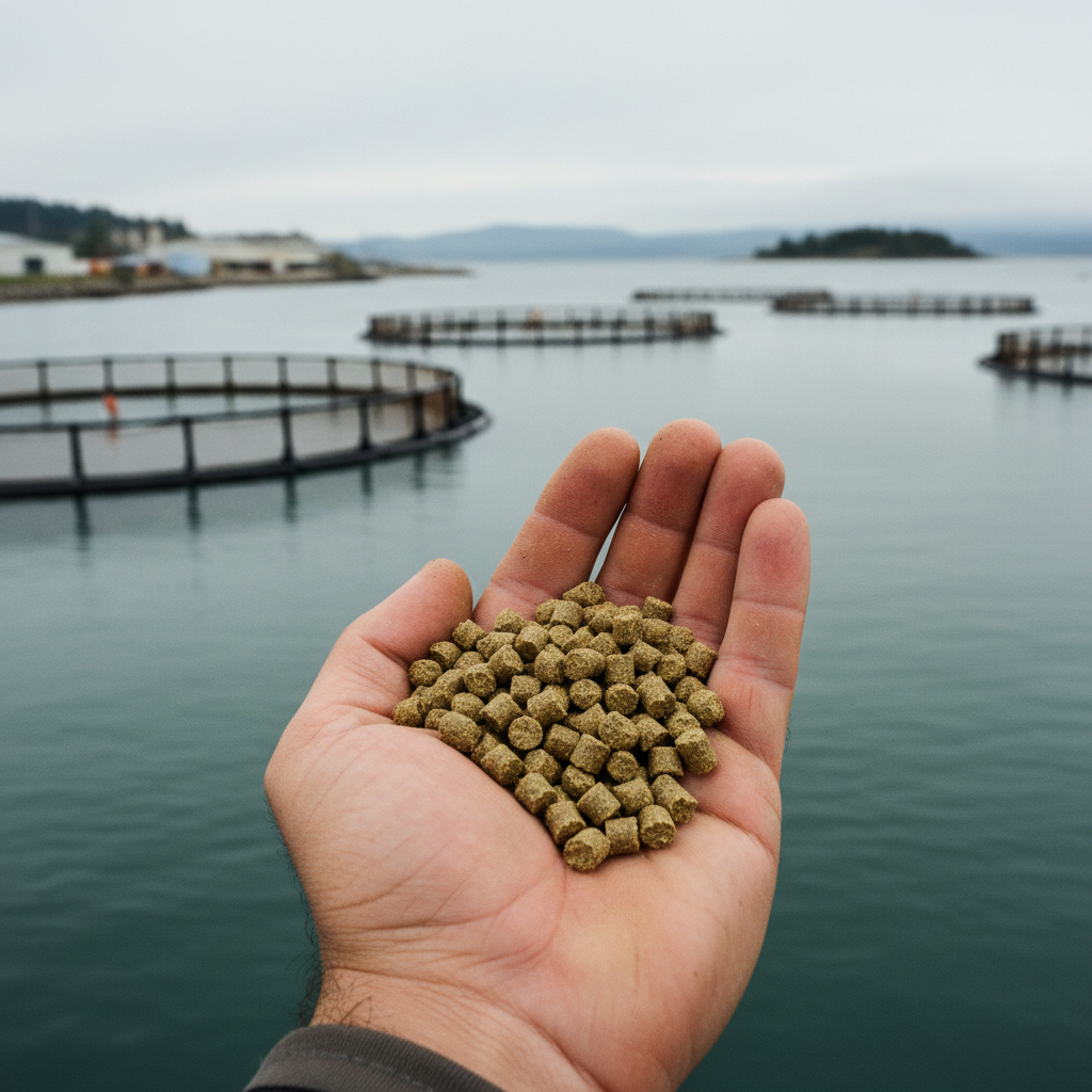 aquaculture feed pellets in hand
